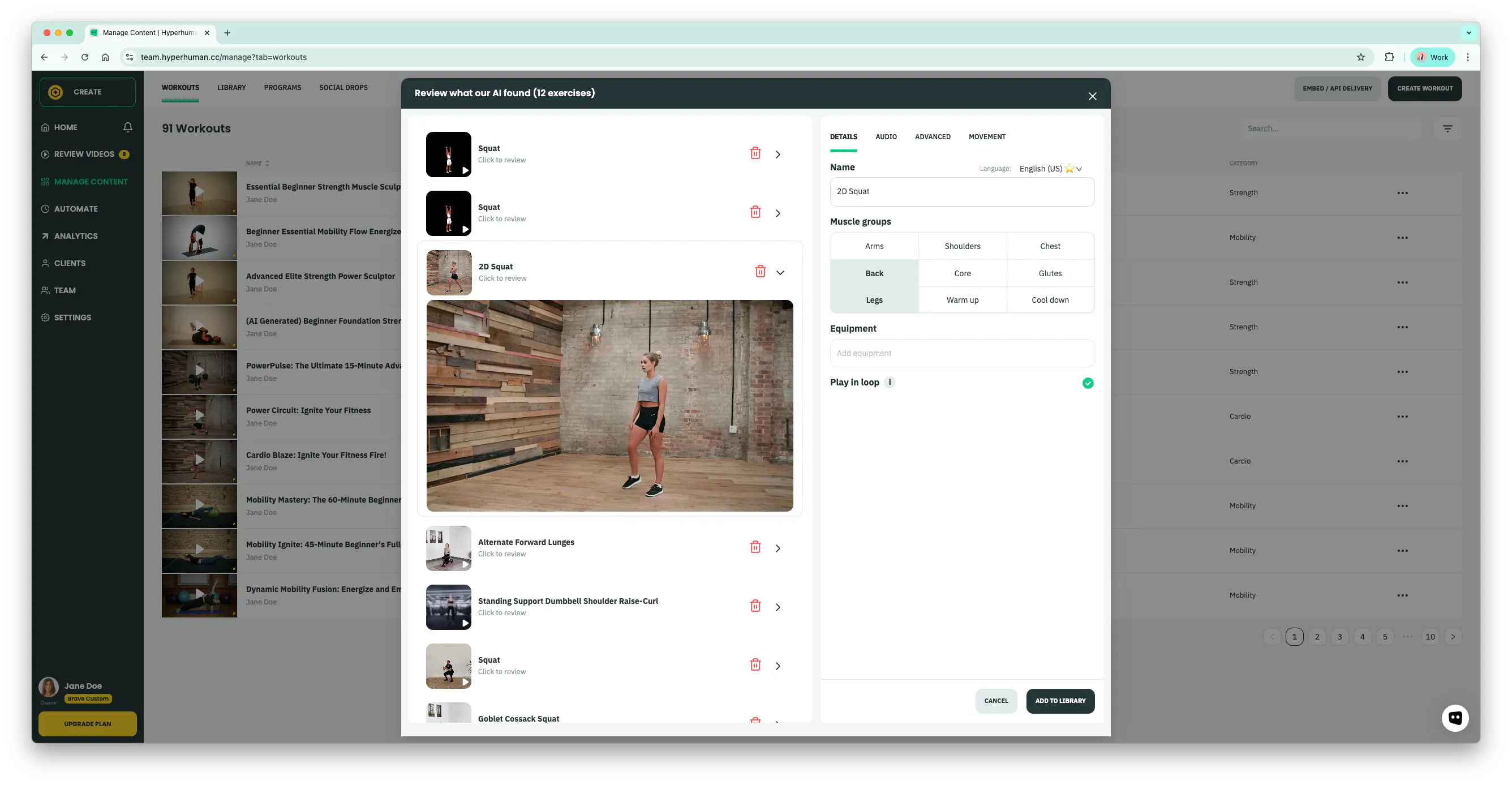 Use smart stock clips or your own videos to build a reusable exercise library.