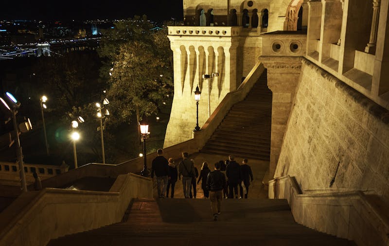 Hyperlab team at the Fisherman's Bastion in Budapest at night