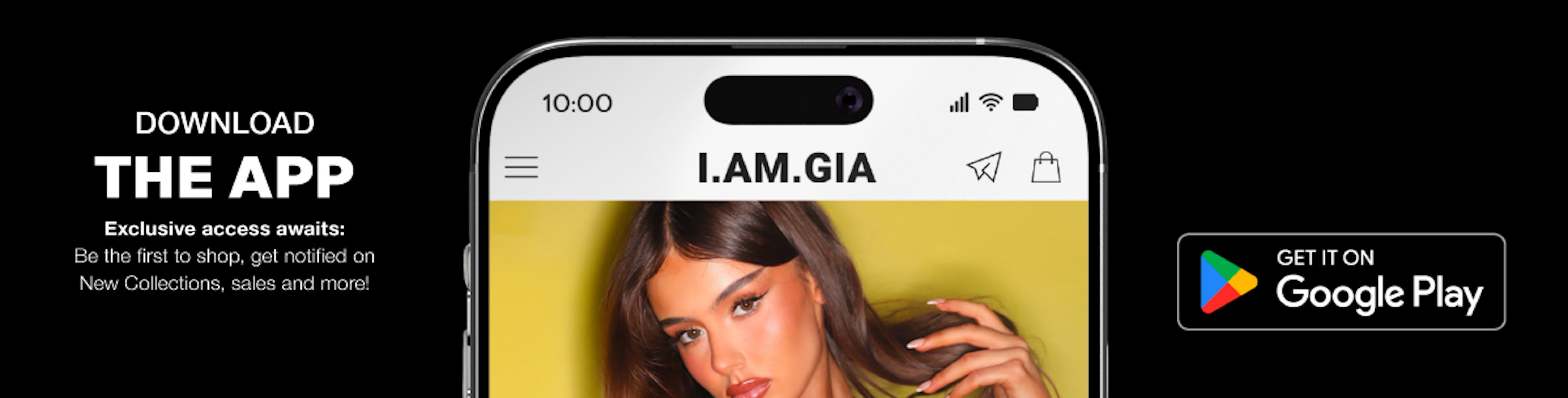 A smartphone displaying the I.AM.GIA app with a model on the screen. Text reads "Download the app" and "Get it on Google Play" with a Google Play logo on a black background.