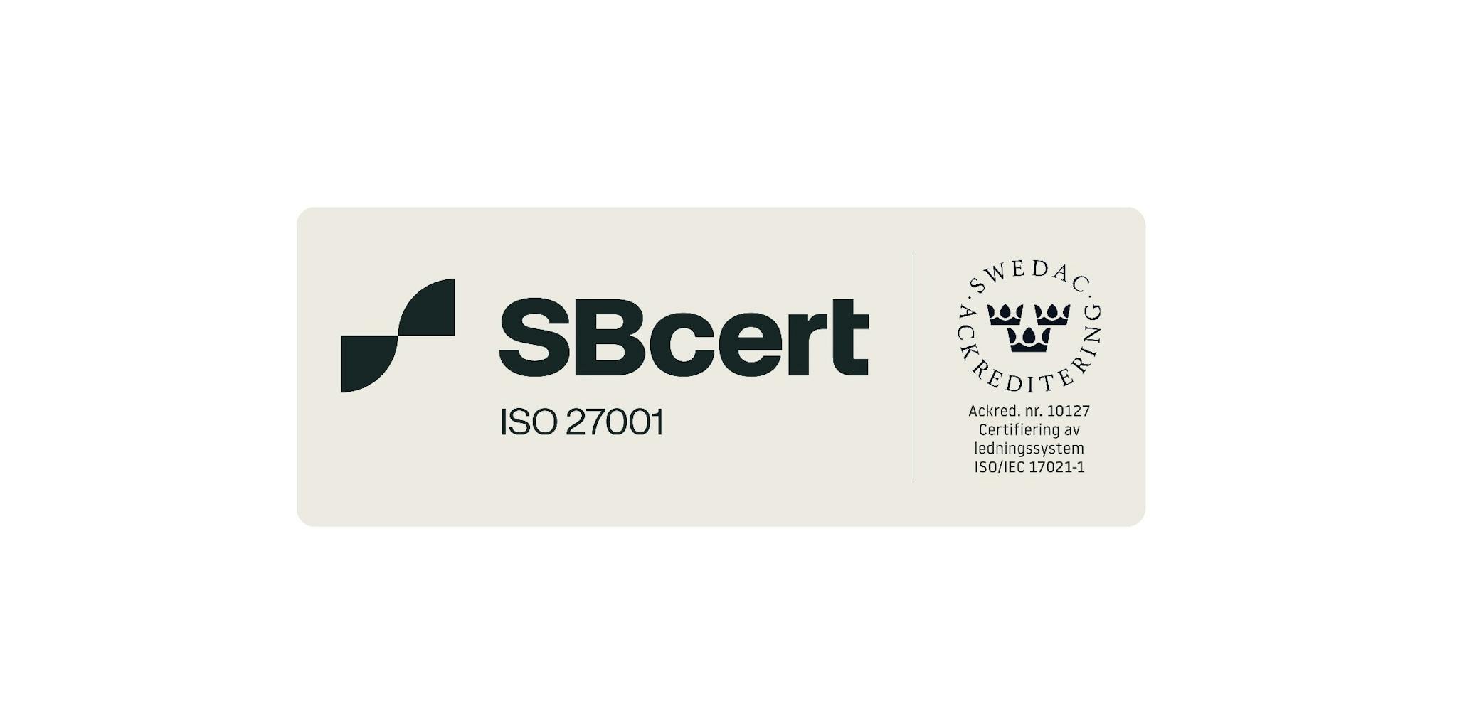 Märket som intygar ISO 27001-certifierad verksamhet i samarbete med ackrediterade Scandinavian business certification.