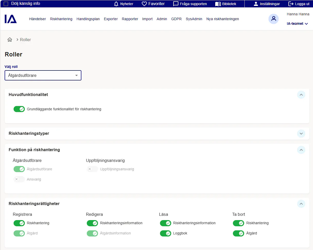 Skärmklipp från administratörsgränssnittet för behörigheter