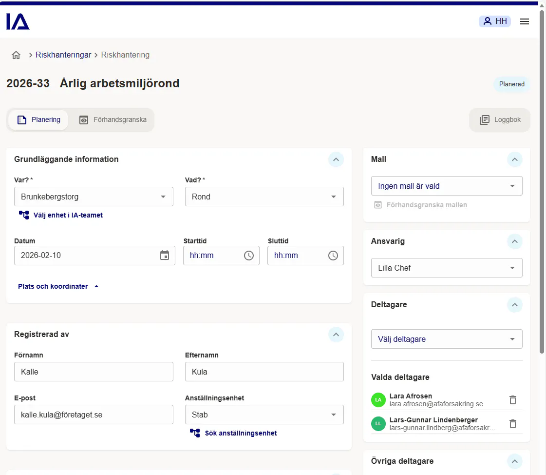 Plats och registrerande person