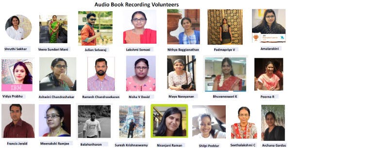 Multiple headshot pictures of the women and men volunteers for the audiobooks projects