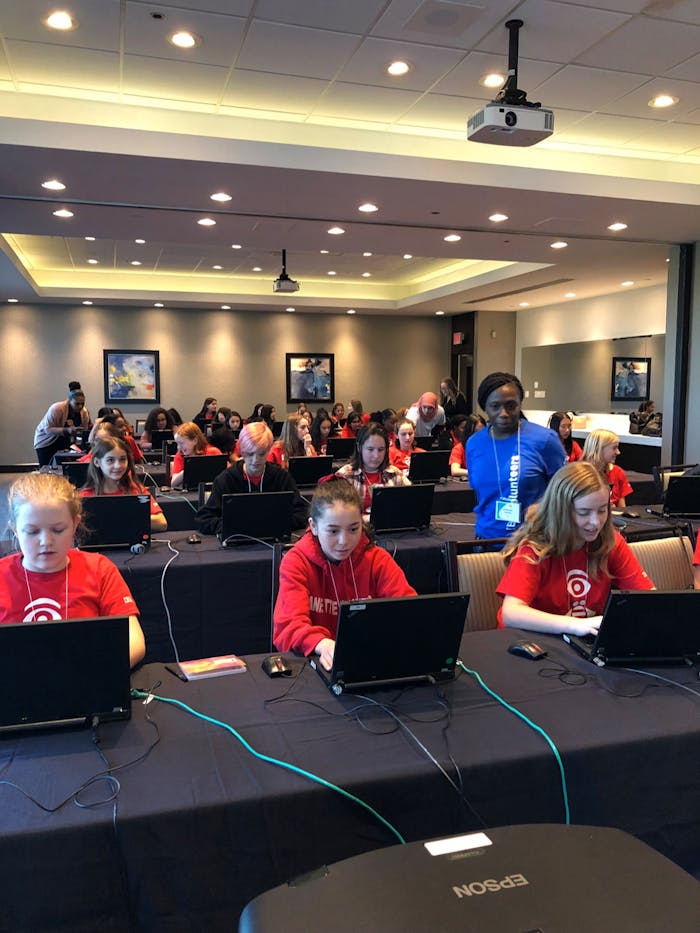 Girls in a classroom of computers