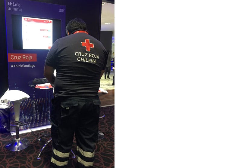 An aid worker from the Red Cross of Chile looking at a computer screen