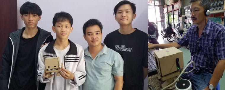 A photo collage. On the left three students and a volunteer; one of the students in holding a TJ Bot. On the right, a man sits at laptop with a TJ Bot connected to it.