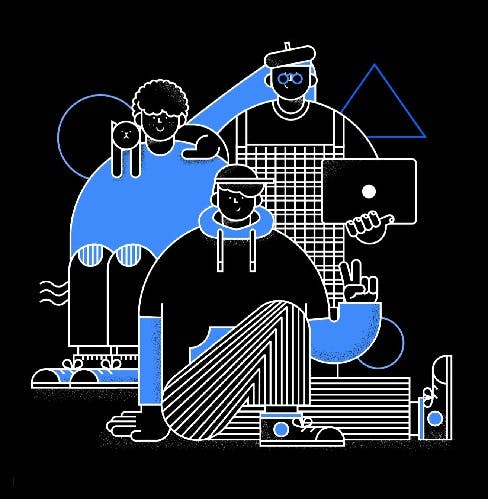 Illustration of youngsters and their devices