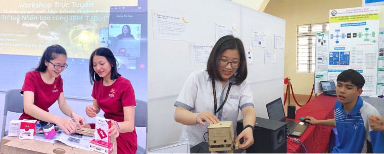 A photo collage. On the left two students are unpacking a Raspberry Pi and TJ Bot. On the left a female volunteer is showing a student the TJ bot robot in a classroom with white boards of illustrations.