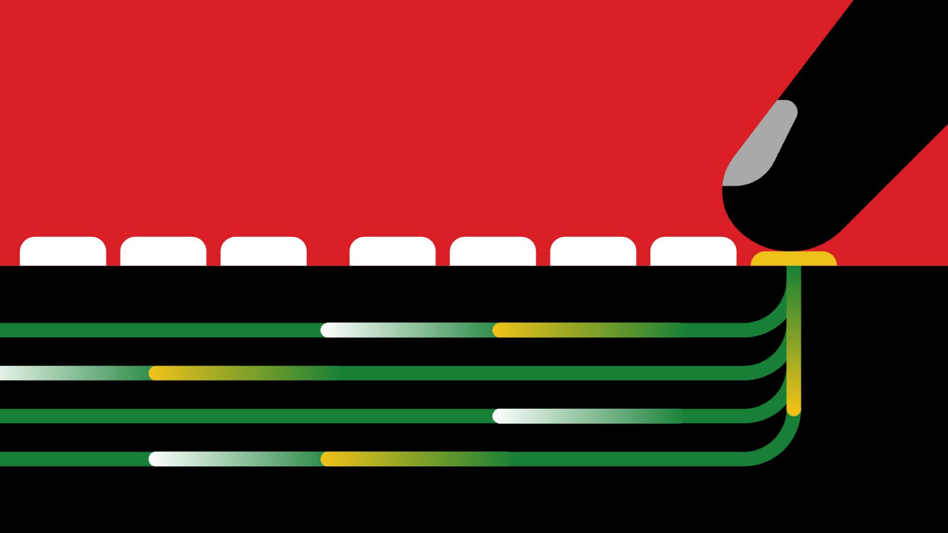 Finger pressing computer key with abstract depiction of data emanating out