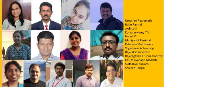 A collage of headshot images showing 13 women and men volunteers; their names are list on the right.