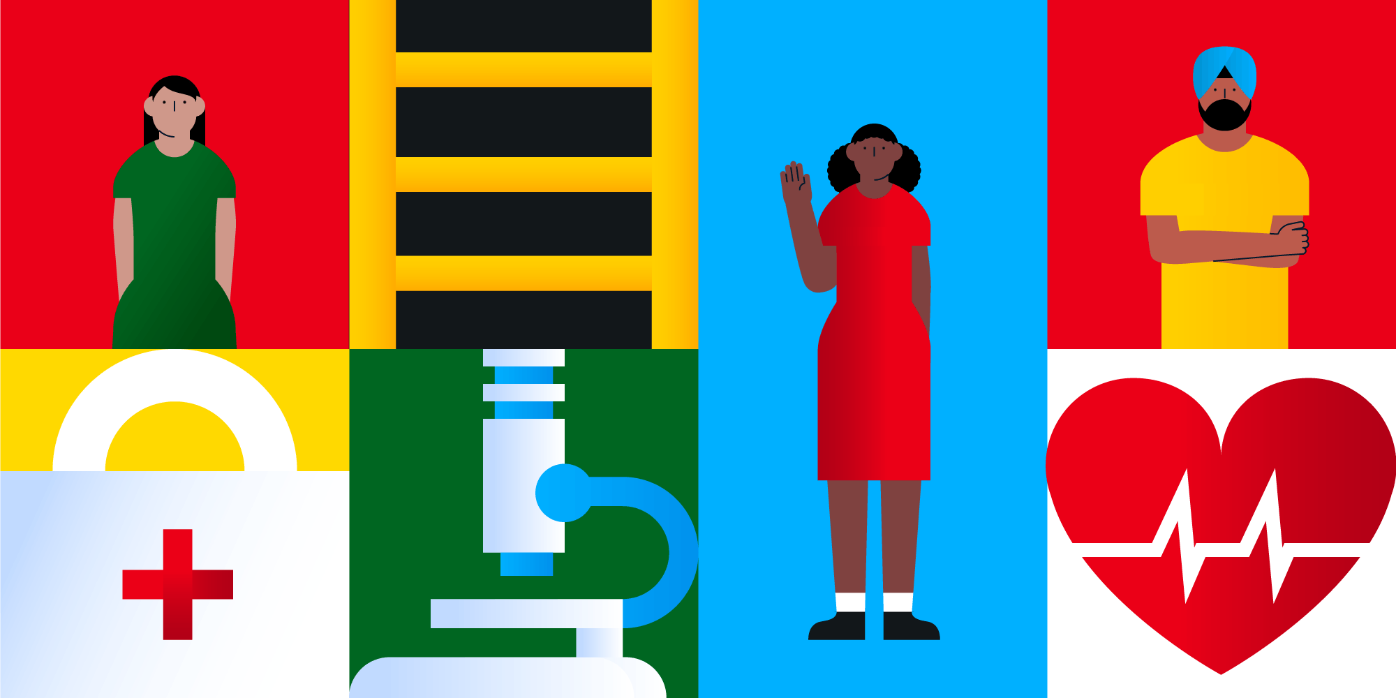 Illustration of a woman, a ladder, a medical kit, a microscope, a man, a heart