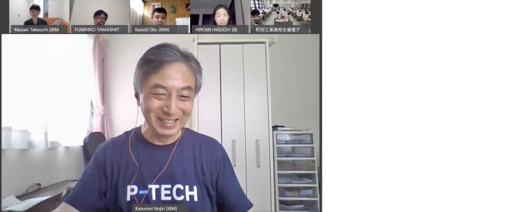A screenshot of a Webex session. A man in the main screen is wearing a t-shirt that read P-TECH; smaller screens above him show four other individuals.