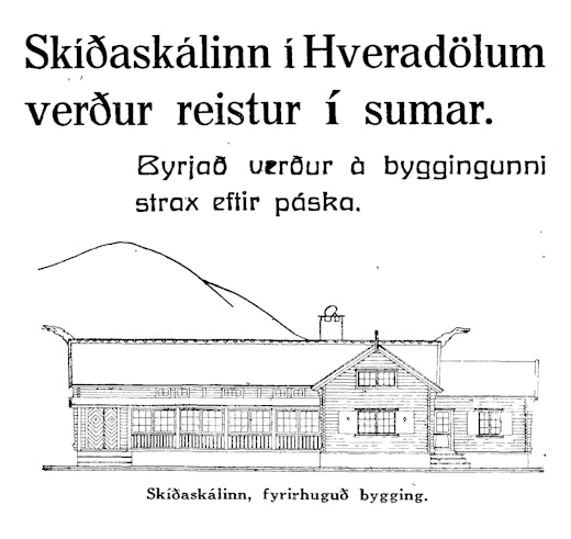 Teikning af Skíðaskálanum í Hveradölum. Skjáskot frá timarit.is