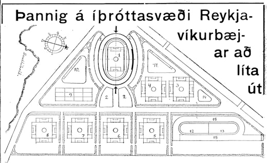Teikning af íþróttasvæði Reykjavíkur í Fossvogi eins og það var fyrirhugað árið 1935. Skjáskot frá timarit.is