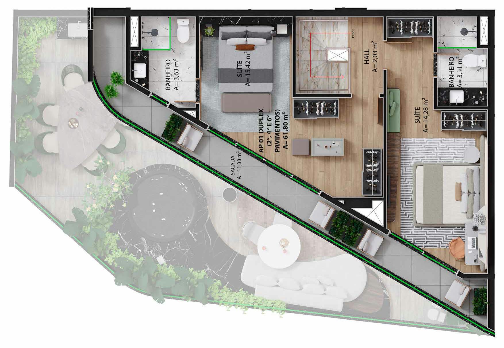 Apto duplex 161m² Piso Superior