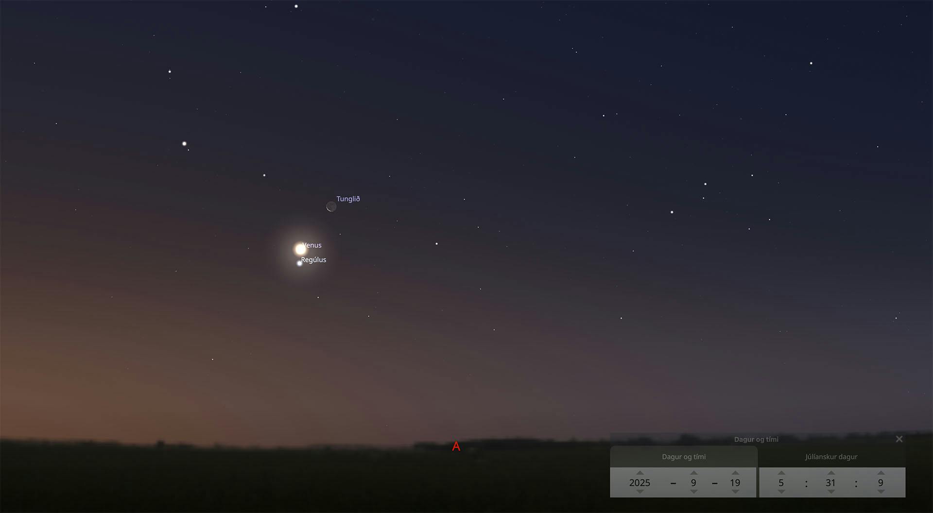 Samstaða tunglsins, Venusar og Regúlusar árið 2025.
