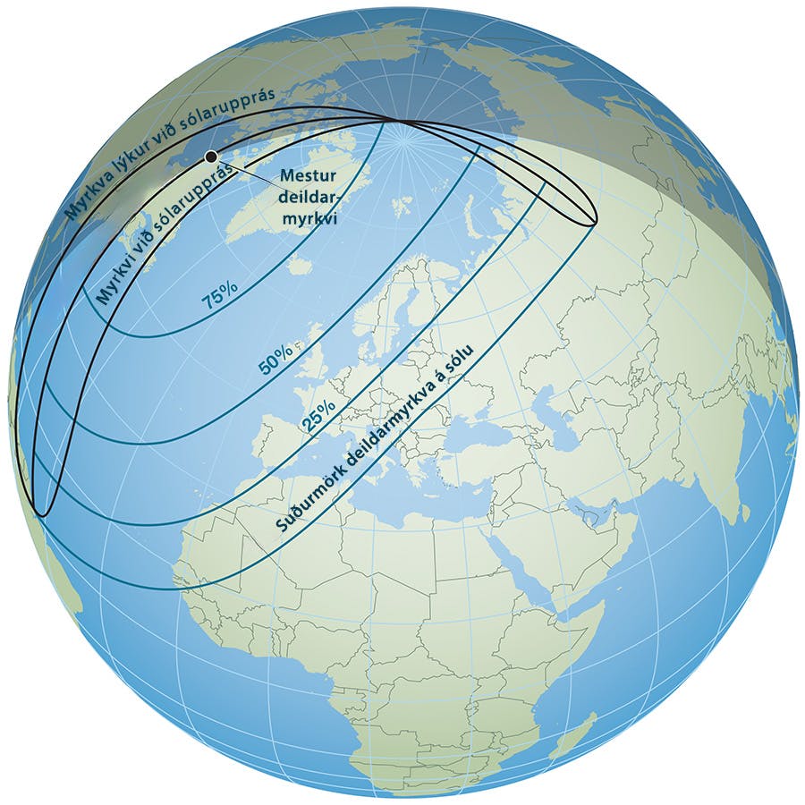 Sýnileikasvæði deildarmyrkvans 29. mars 2025. Mynd: Leah Tiscione / Sky & Telescope / ísl. útg. icelandatnight.is