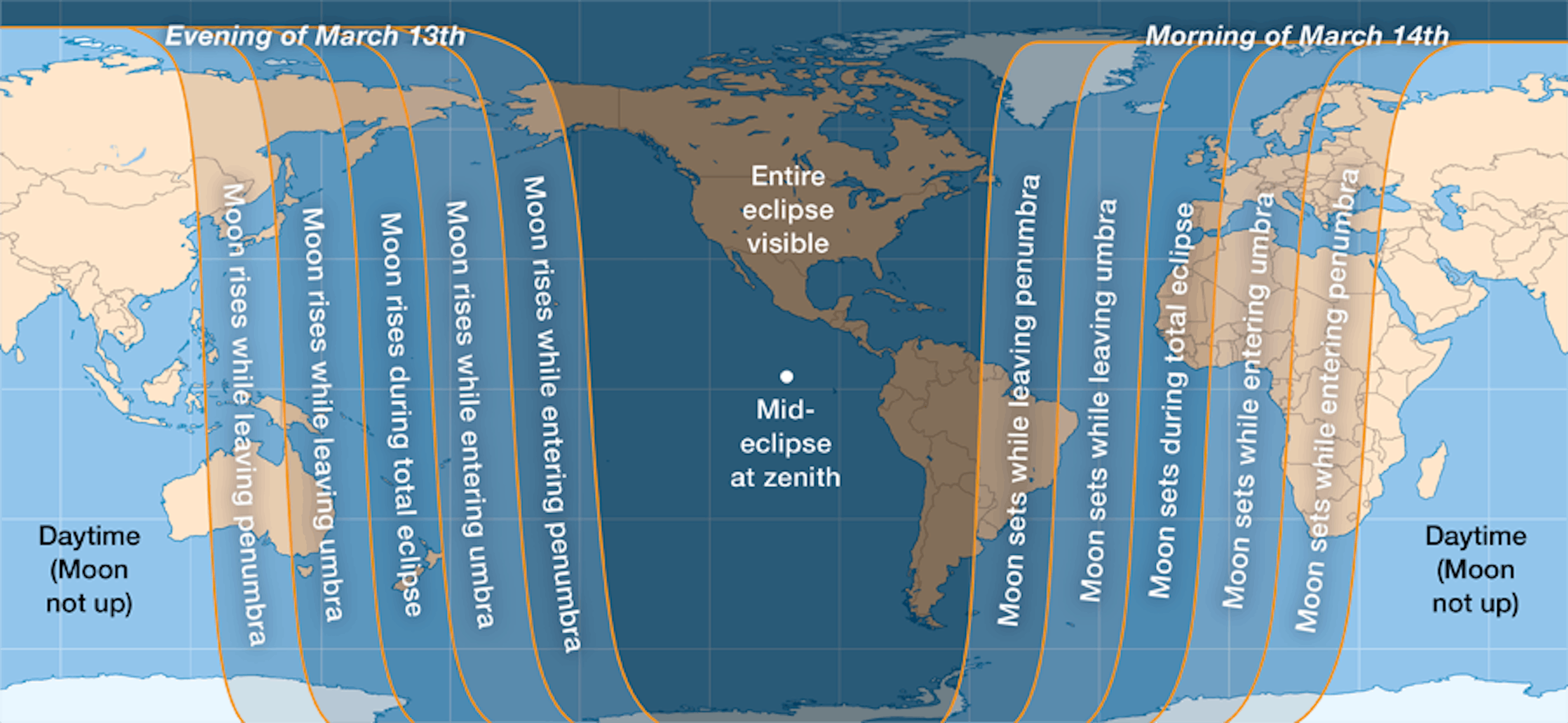 Visibility map of the March 14 2025 total lunar eclipse. Credit: Leah Tiscione / Sky & Telescope