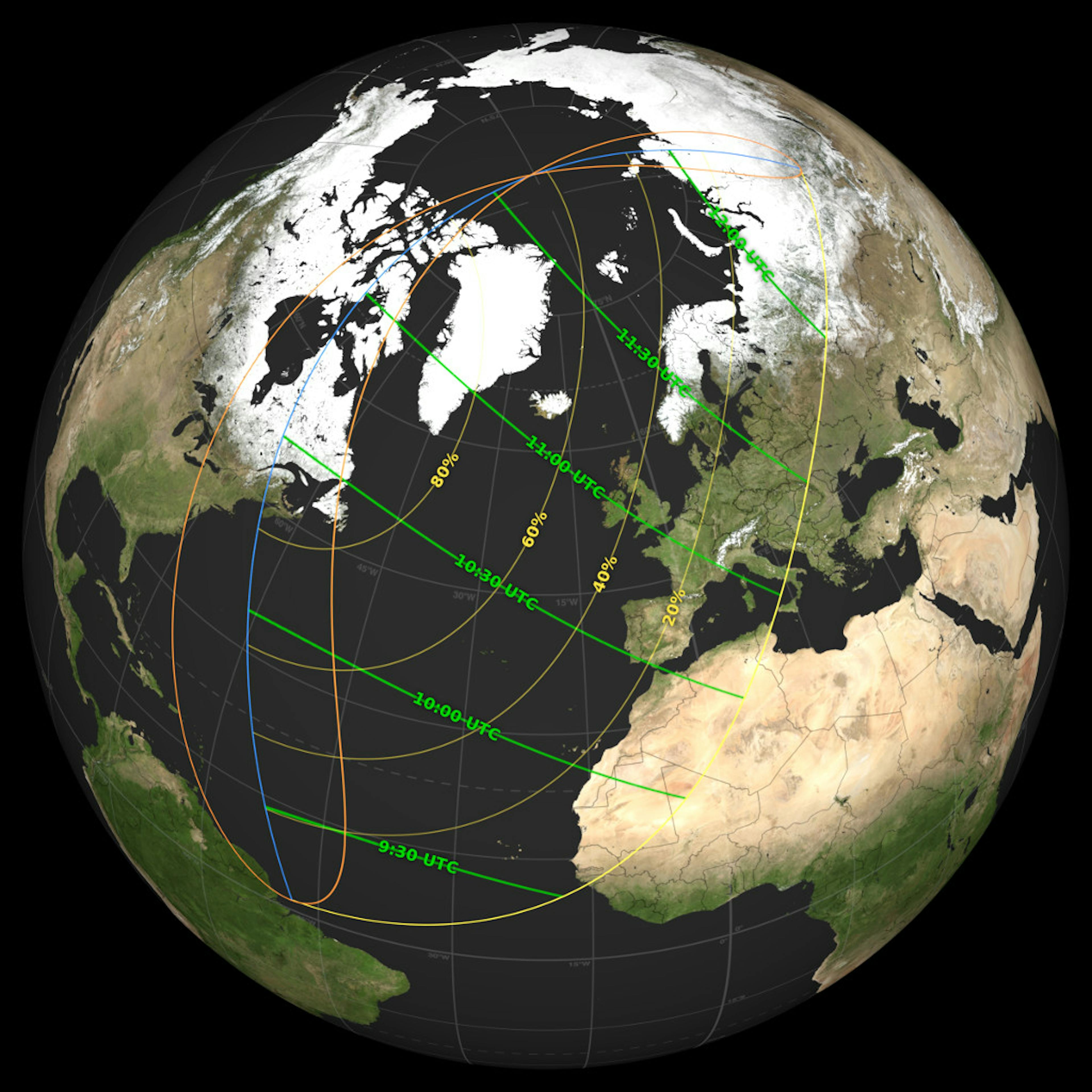 A global map of the shadow path for the March 29, 2025 partial solar eclipse. Credit: NASA's Scientific Visualization Studio