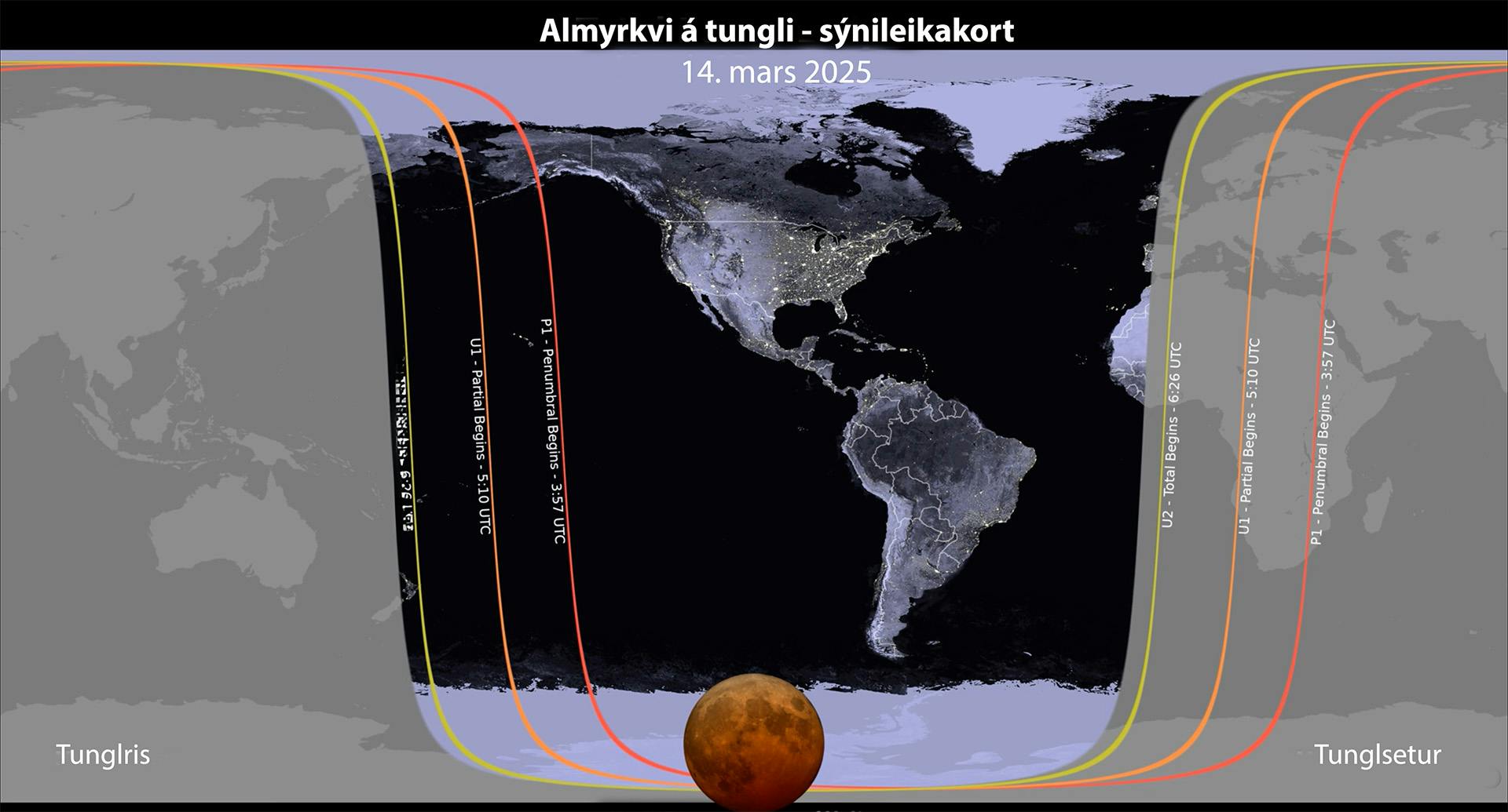 Sýnileikakort almyrkva á tungli 14. mars 2025. Mynd: NASA Science Visualization Studio / Iceland at Night