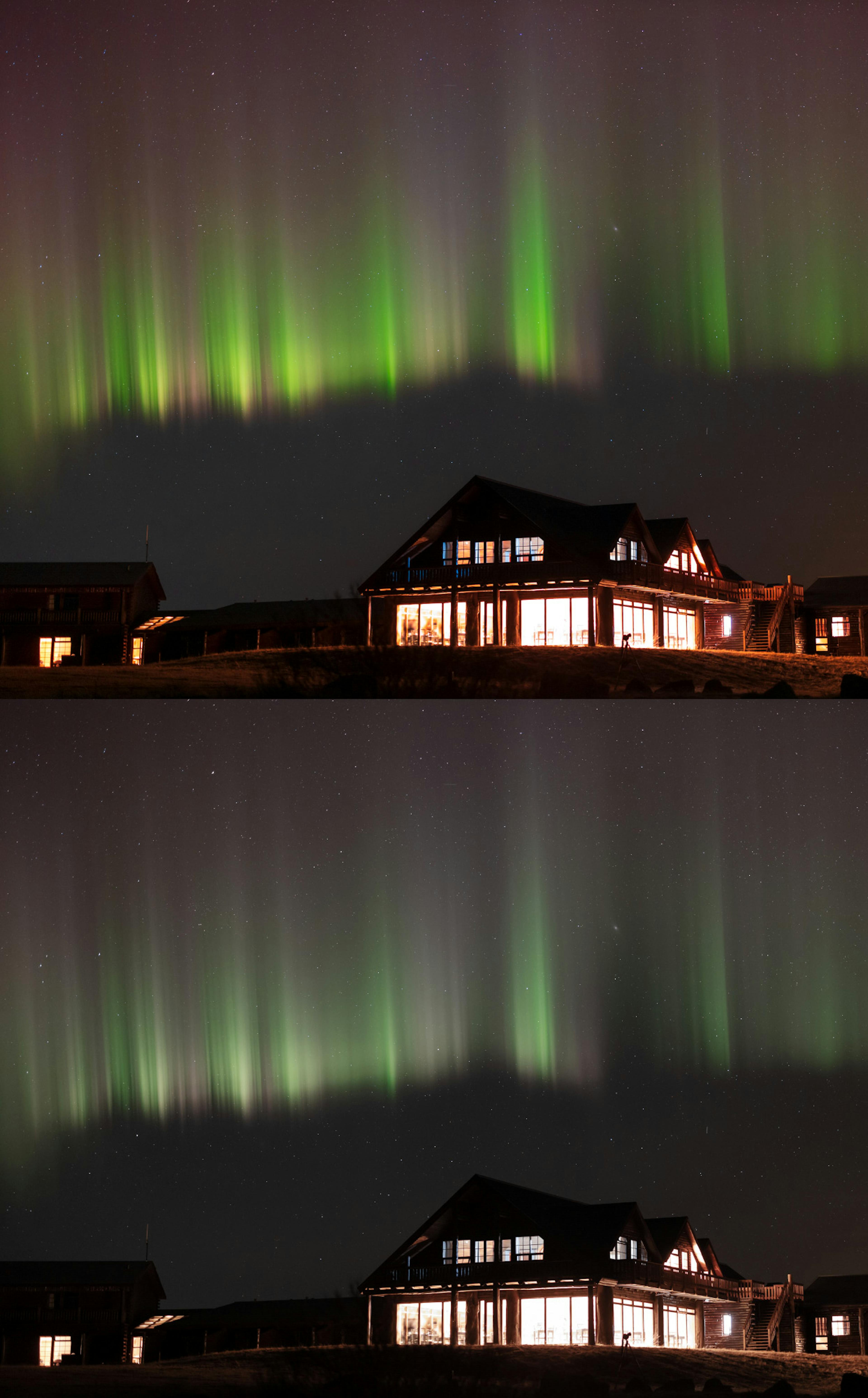 Eye vs camera. Northern Lights over Hotel Rangá in south Iceland. Credit: Babak Tafreshi. From the book Iceland at Night: Your Guide to Northern Lights and Stargazing in Iceland