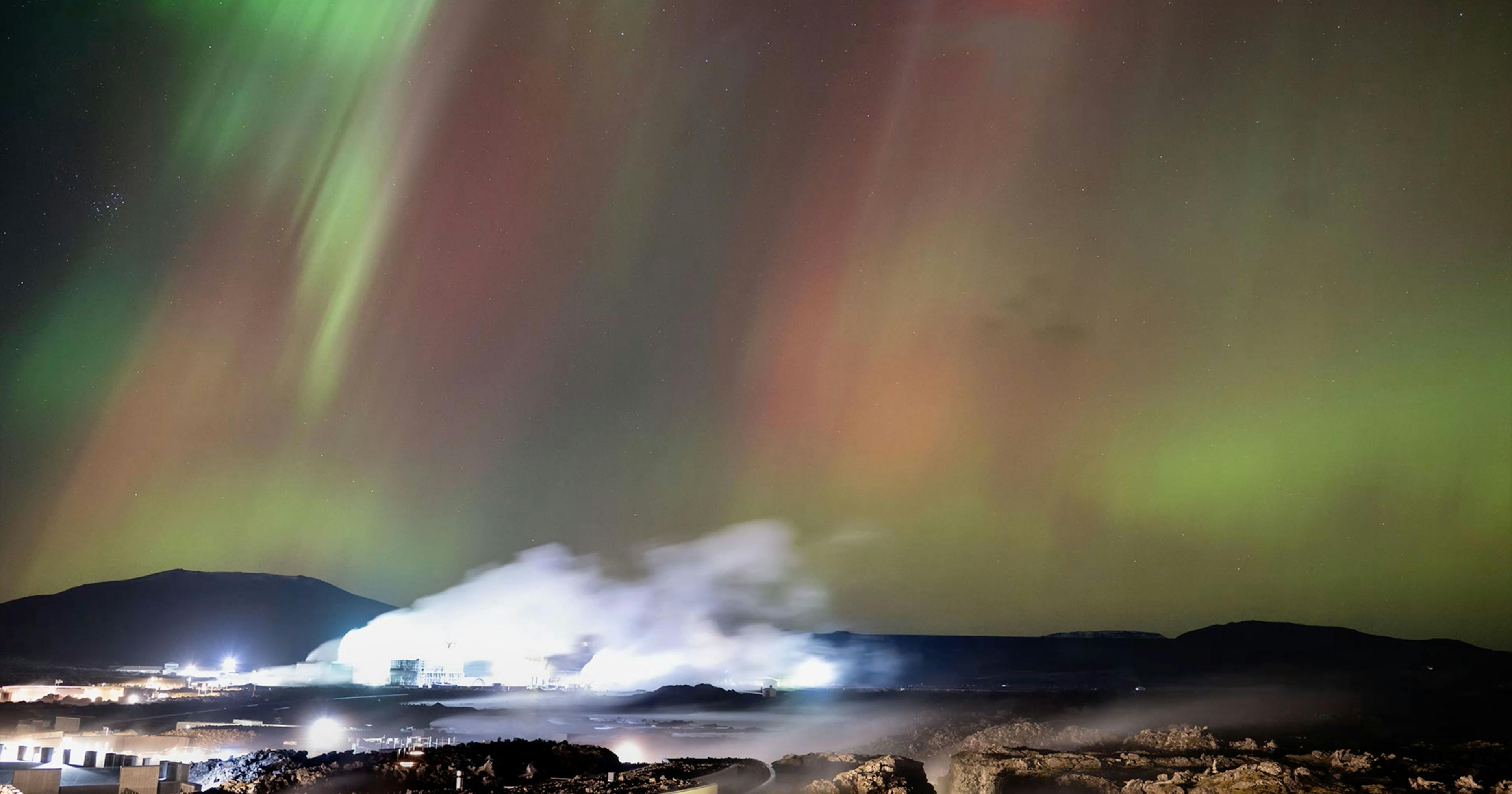Colourful aurora over the Blue Lagoon on October 10, 2024. Credit: Gísli Már Árnason