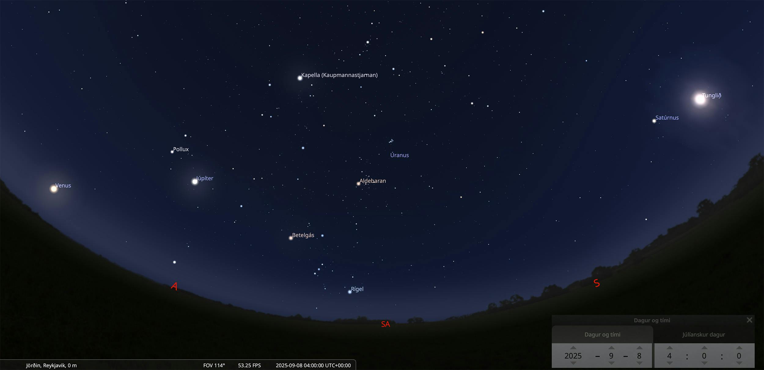 Næturhiminninn aðfaranótt 8. september 2025