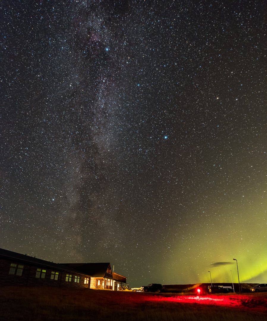 The Milky Way and Northern Lights above Hótel Rangá in south Iceland.