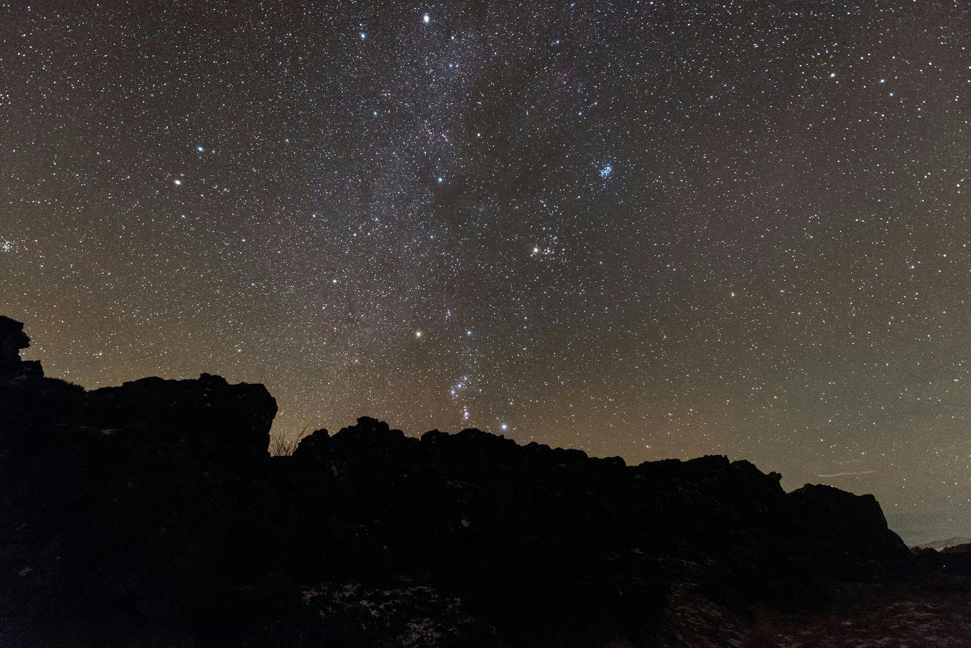 Winter constellations of the Milky Way over Þingvellir national park.