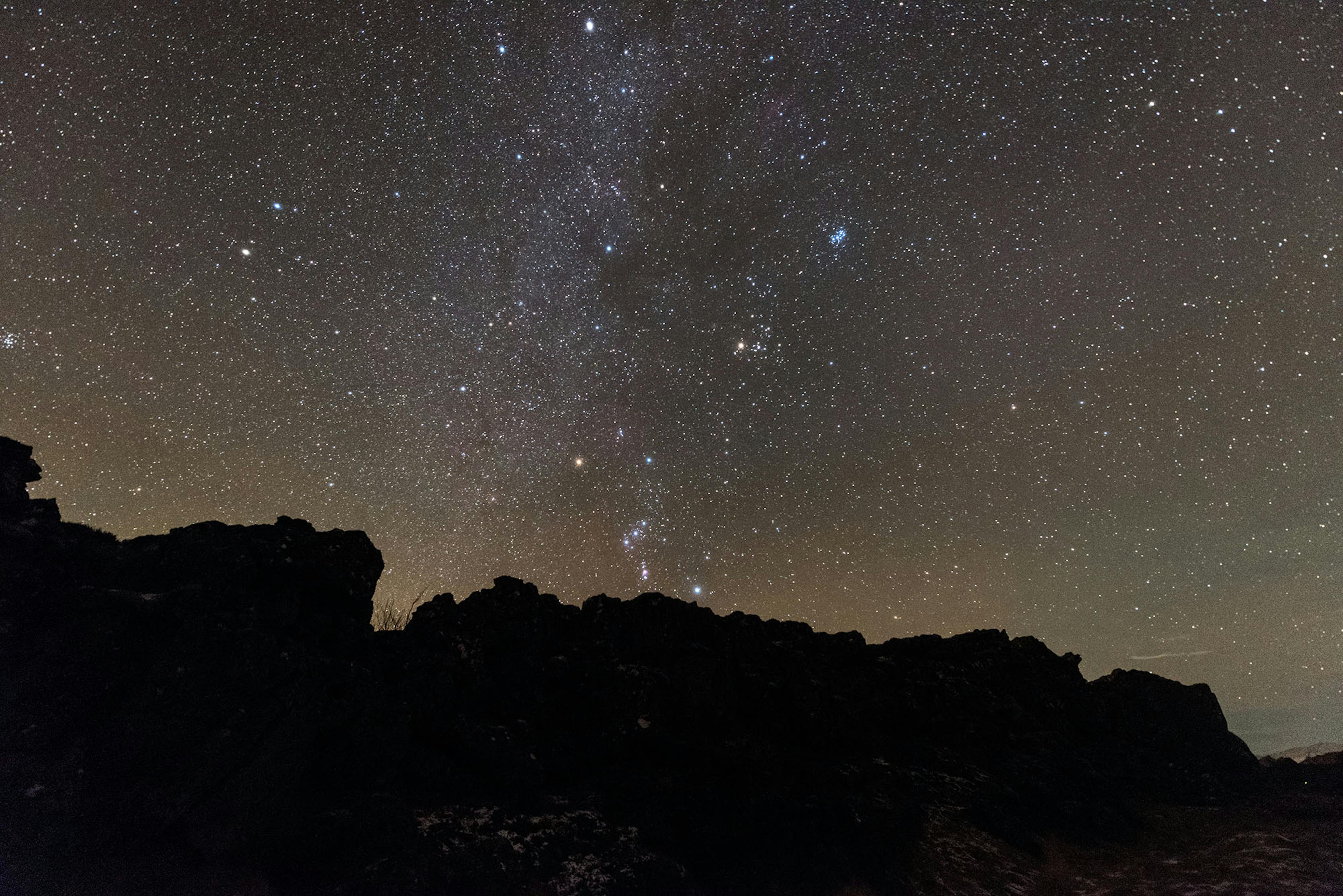 Winter constellations of the Milky Way over Þingvellir national park. 