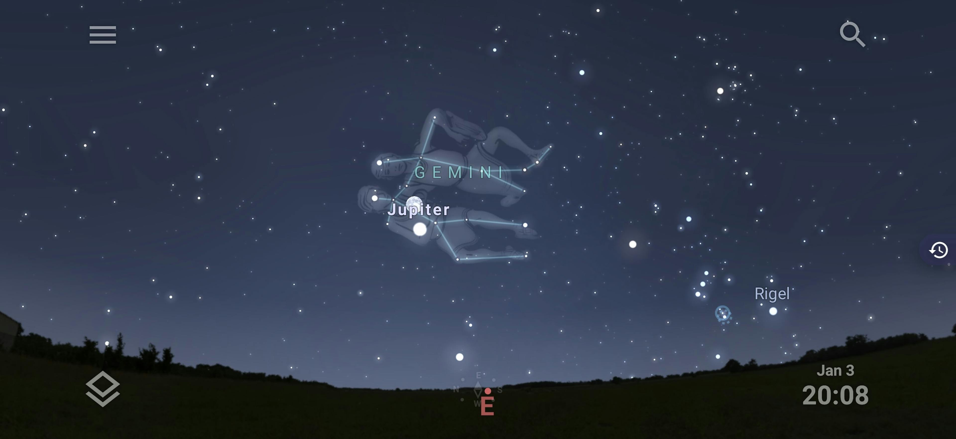 Tunglið, Júpíter og Tvíburarnir að kvöldi 3. janúar 2025. Mynd: Stellarium