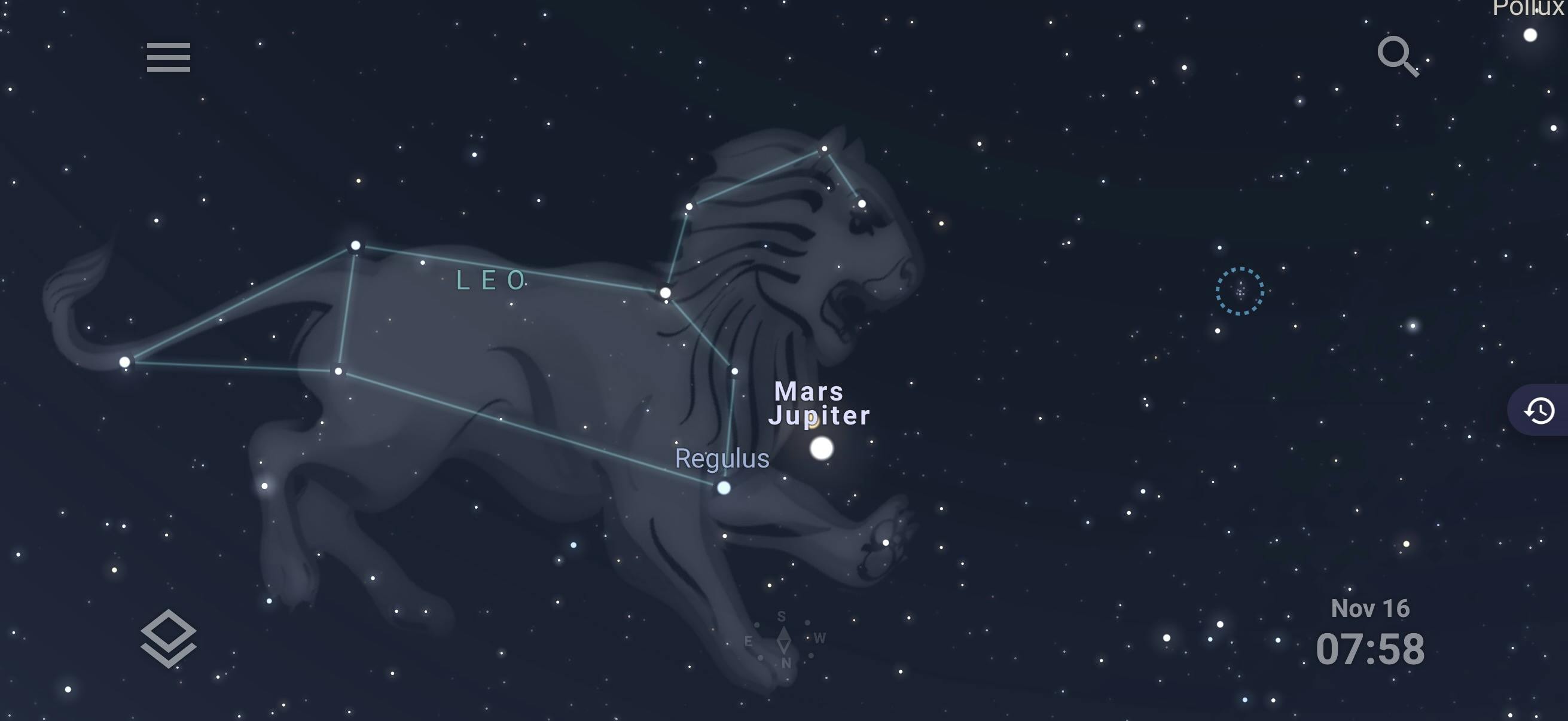 Mars, Júpíter og Regúlus að morgni 16. nóvember 2026. Mynd: Stellarium