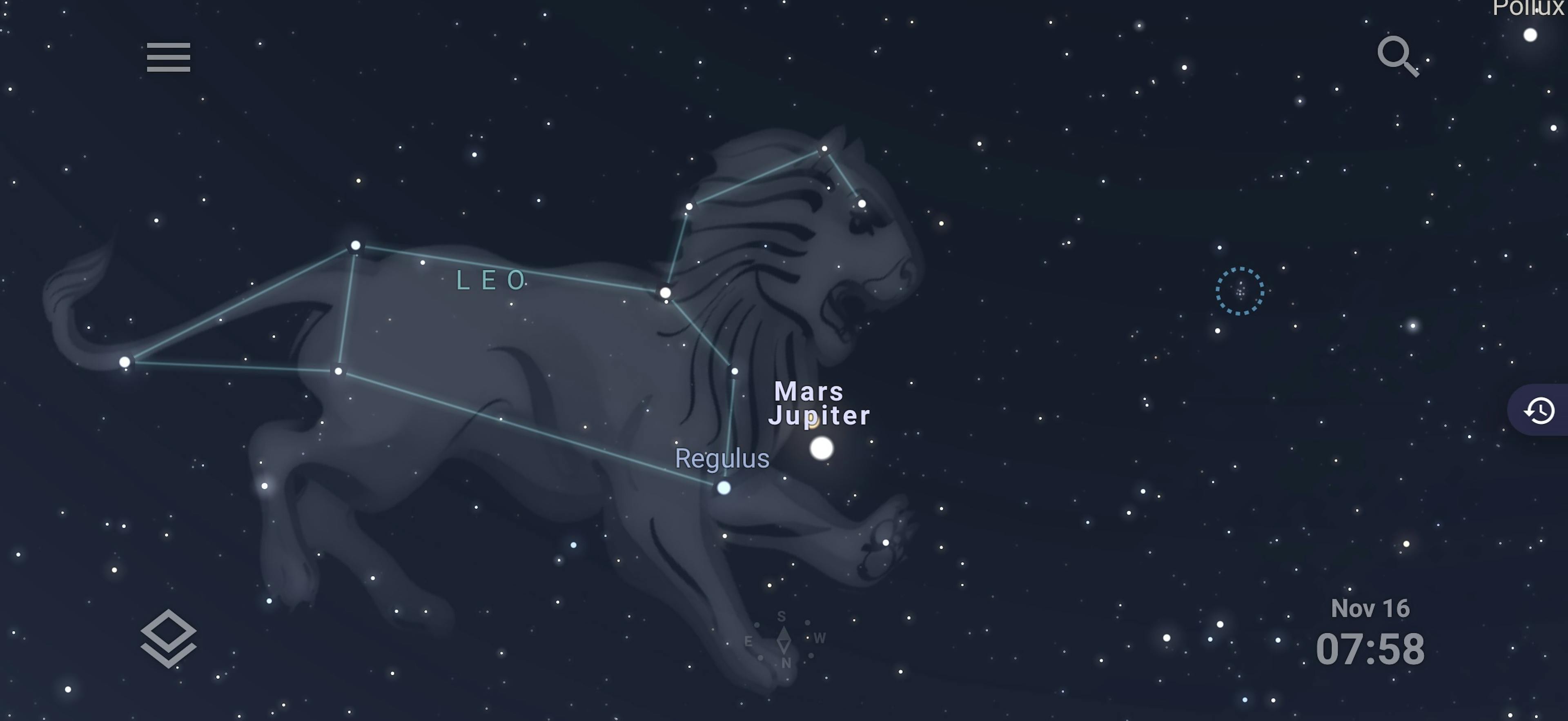 Mars, Júpíter og Regúlus að morgni 16. nóvember 2026. Mynd: Stellarium