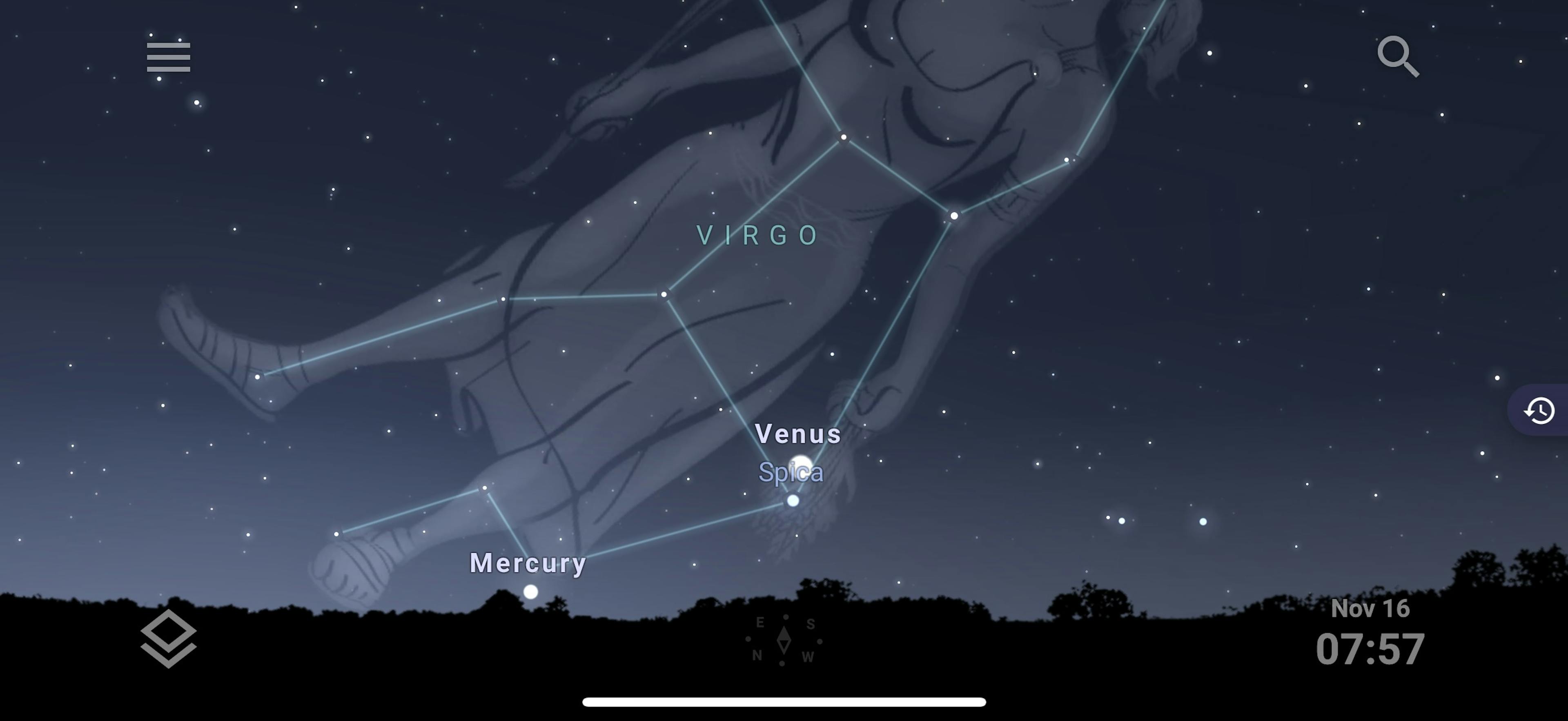 Merkúríus, Venus og Spíka að morgni 16. nóvember 2026. Mynd: Stellarium