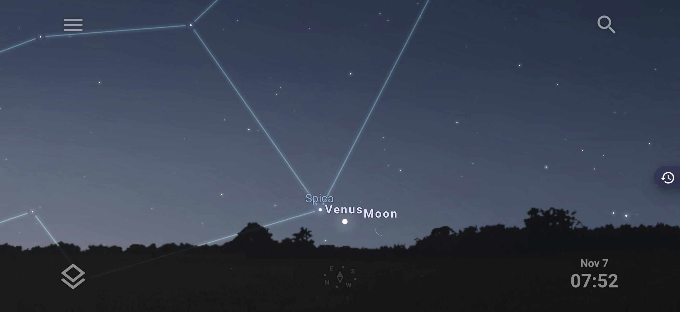 Venus, tunglið og Spíka að morgni 7. nóvember 2026. Mynd: Stellarium
