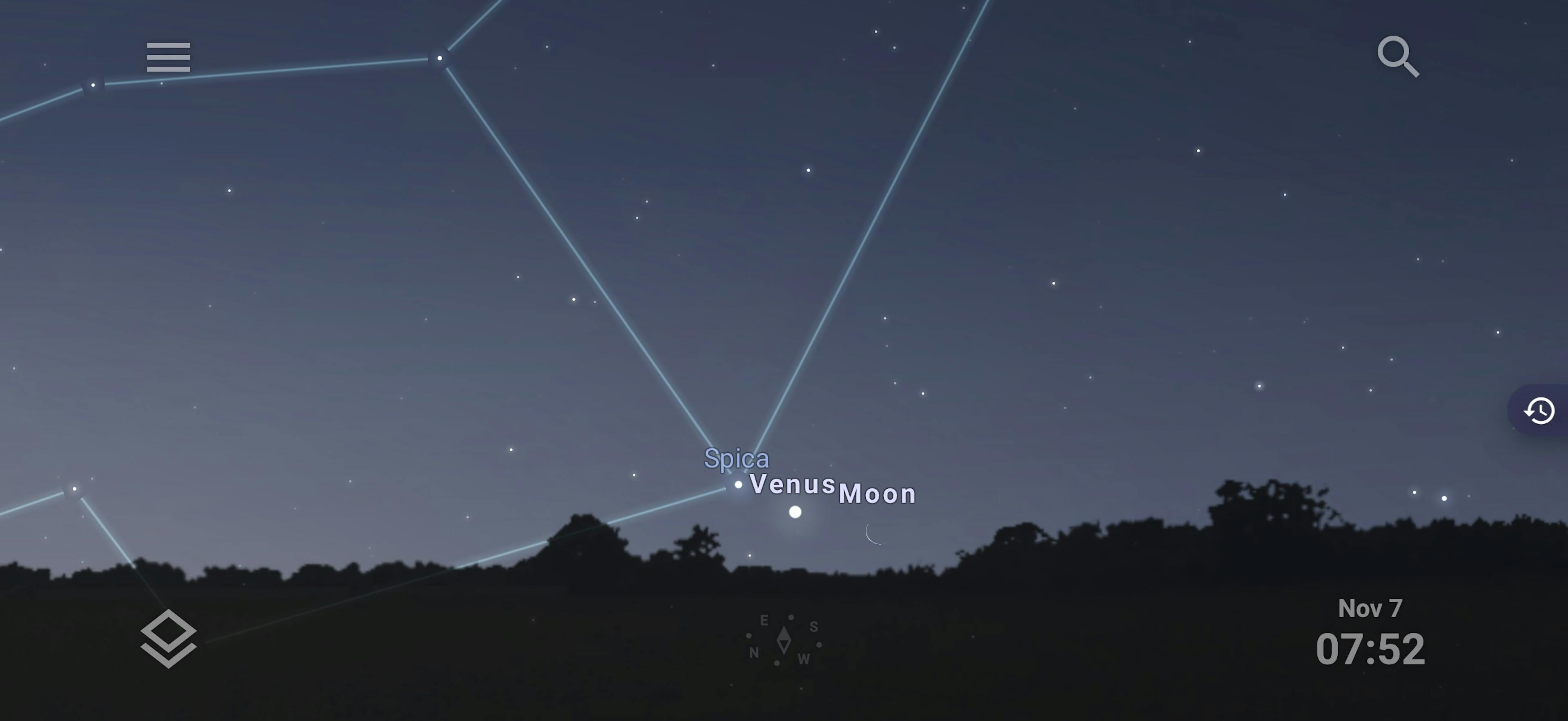 Venus, tunglið og Spíka að morgni 7. nóvember 2026. Mynd: Stellarium