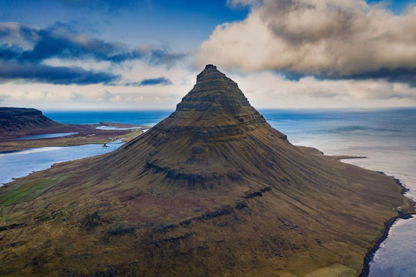 Kirkjufell mountain aerial view