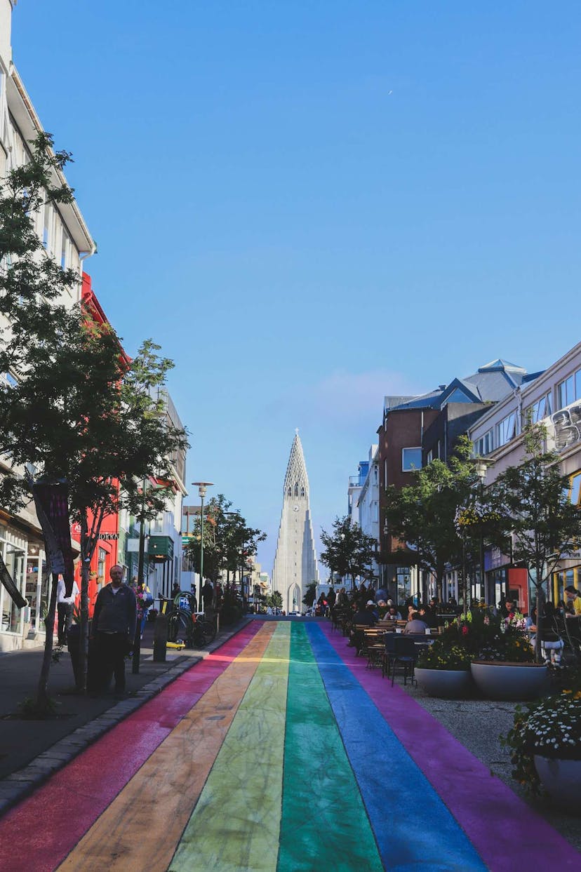 Reykjavík Hallgrímskirkja church with rainbow road