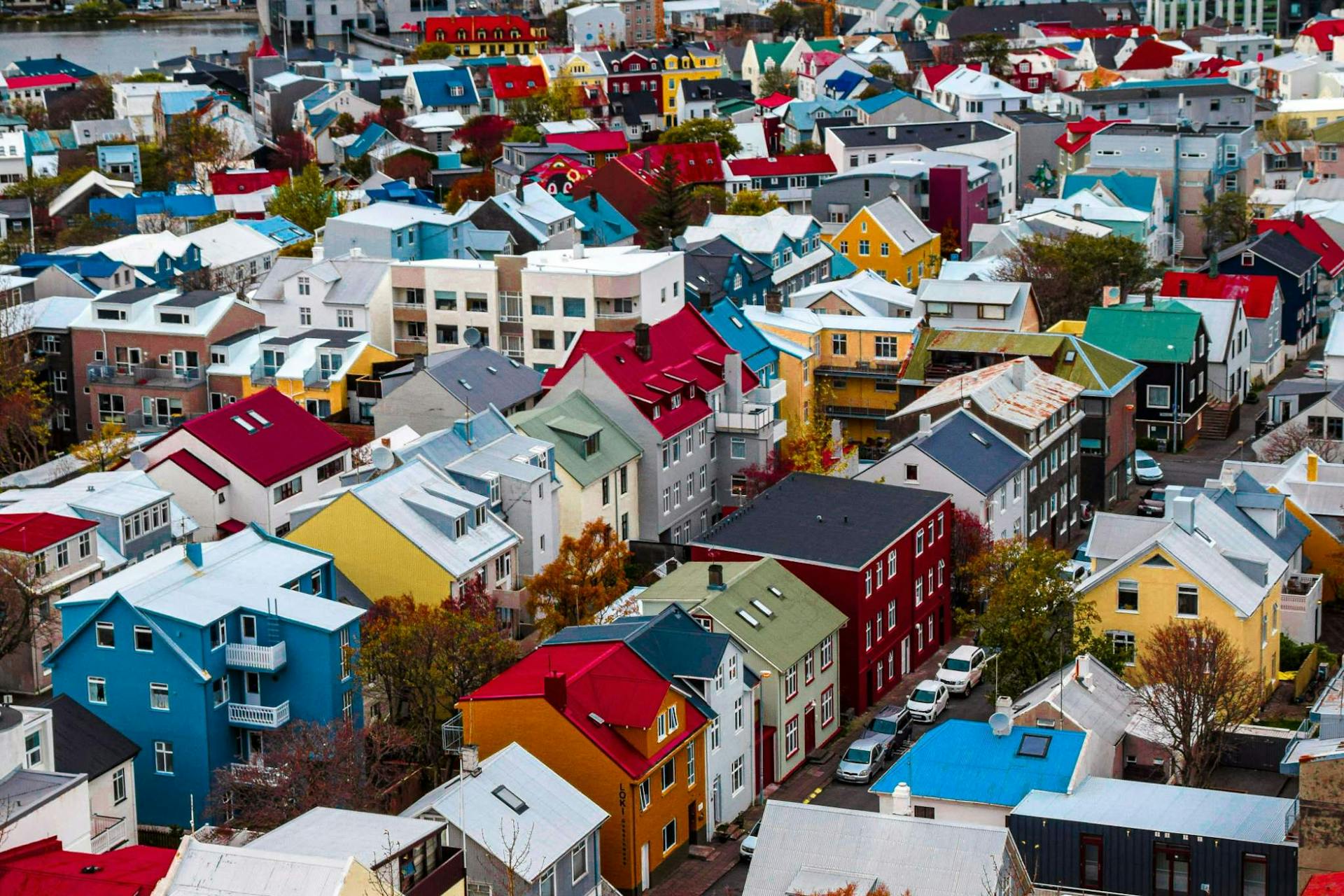 Aerial view of Reykjavík's colourful houses