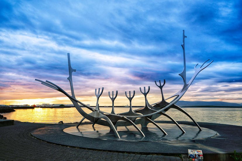 Sun voyager sculpture in Reykjavík at sunset