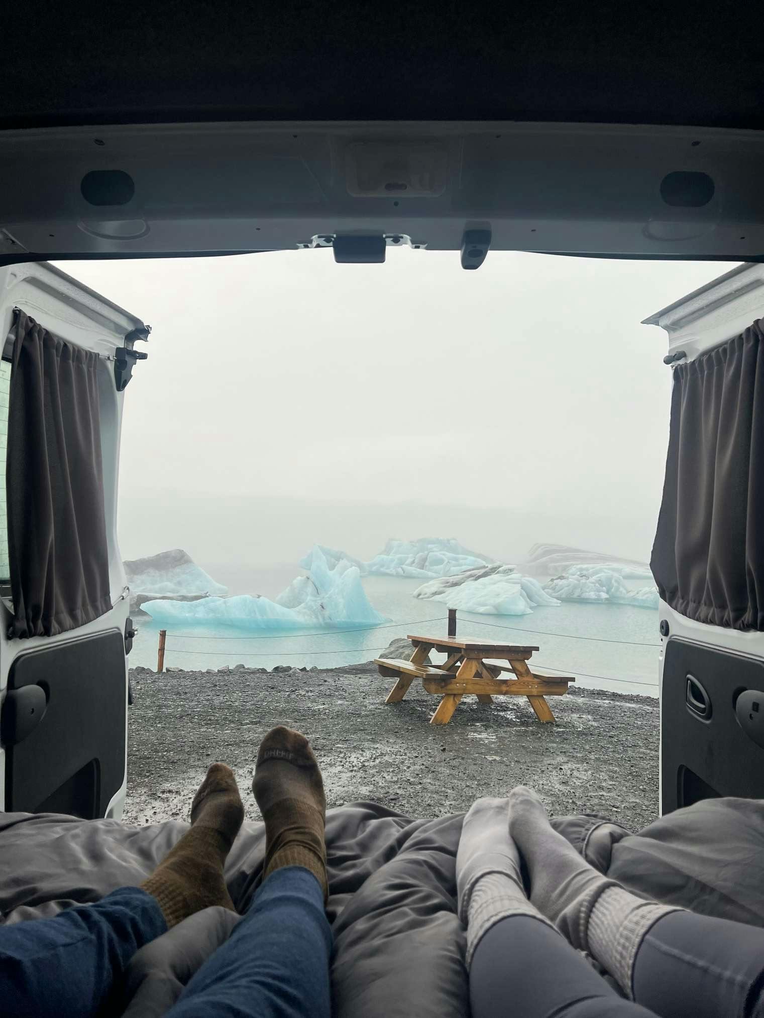 View from outside camper van overlooking Glacier Lagoon, Iceland