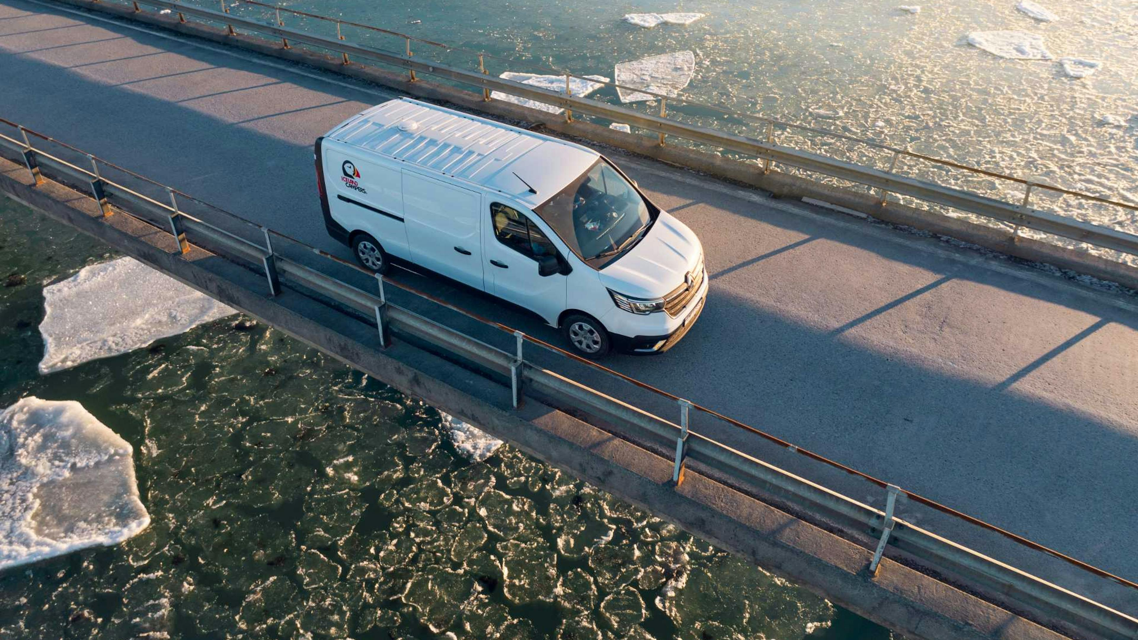 Iceland Campervan driving on Glacier Lagoon bridge
