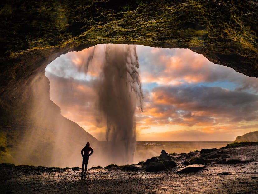 Waterfall in Iceland at sunset