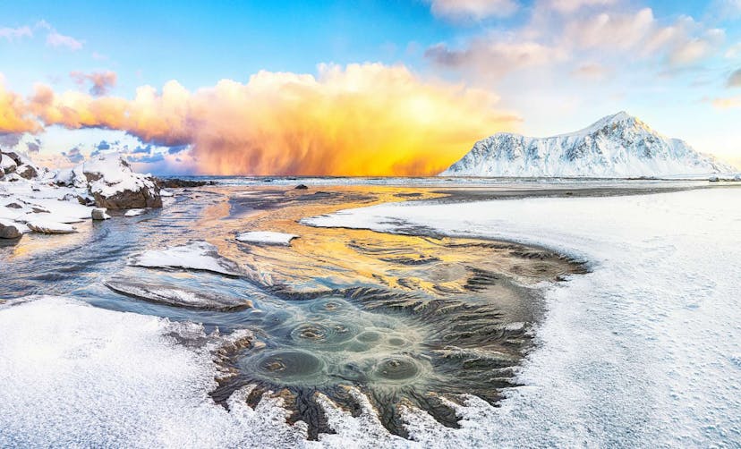 Iceland snowy geyser at sunrise