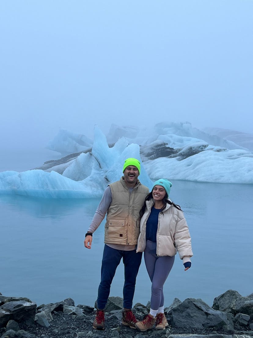 Couple smiling at Glacier Lagoon, Iceland