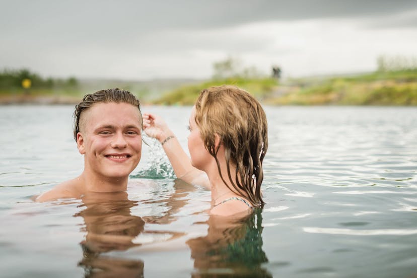 Hot spring bath in the nature of Iceland 