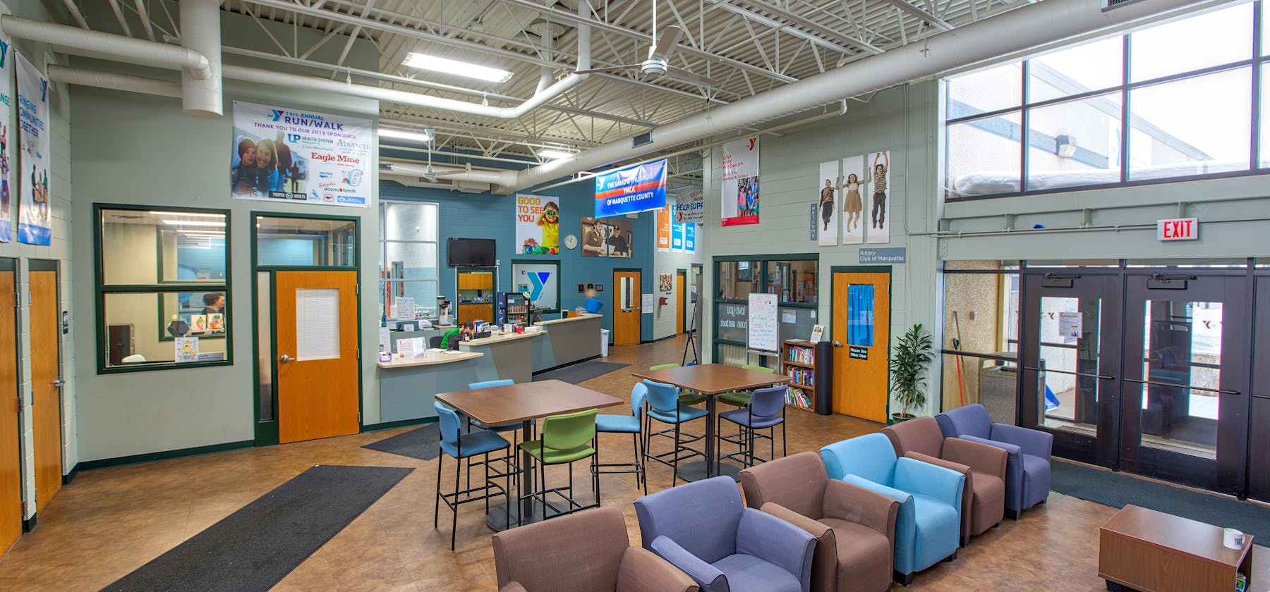 YMCA of Marquette entrance interior with front desk and seating area