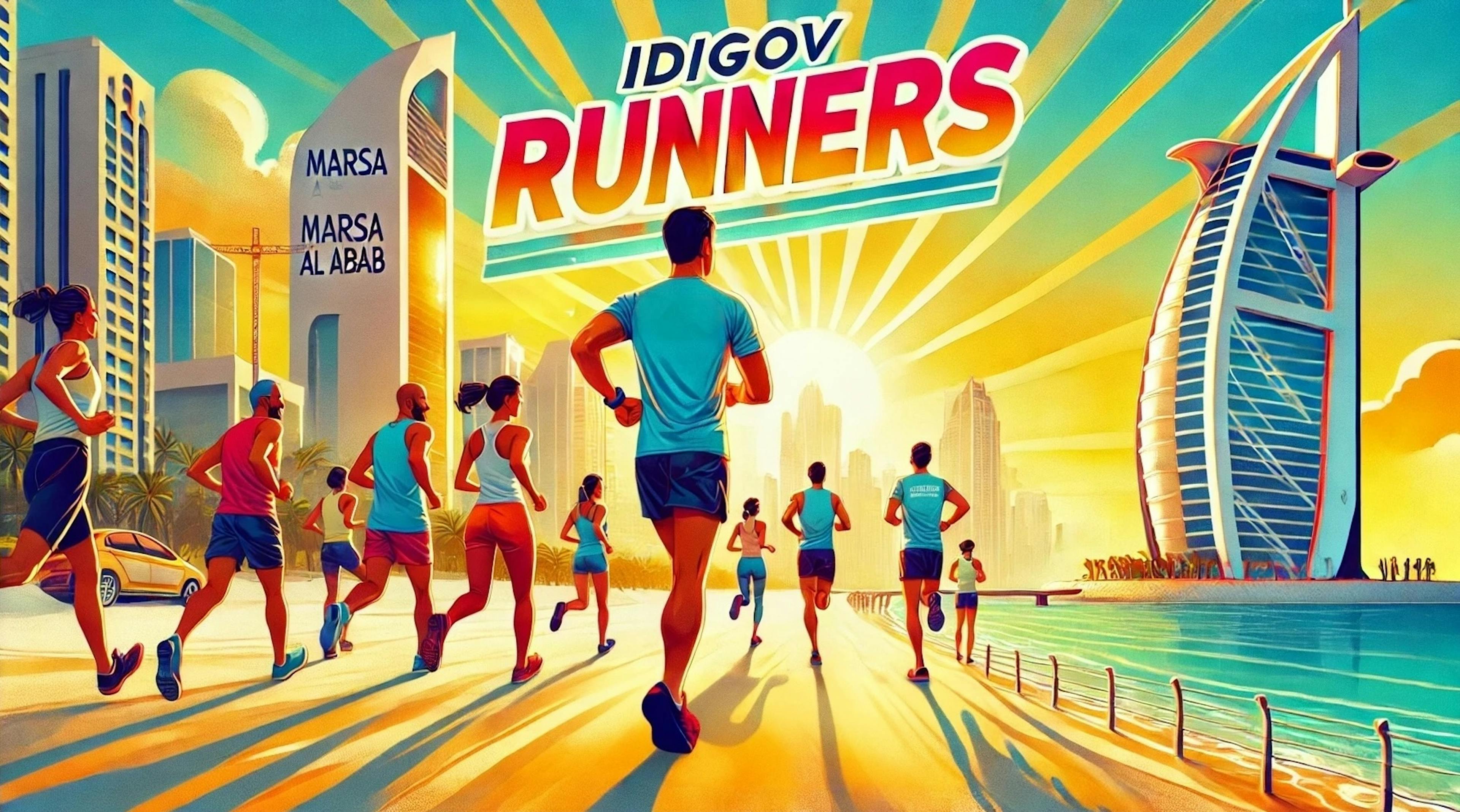 A vibrant promotional illustration for Idigov Runners, a corporate running club.