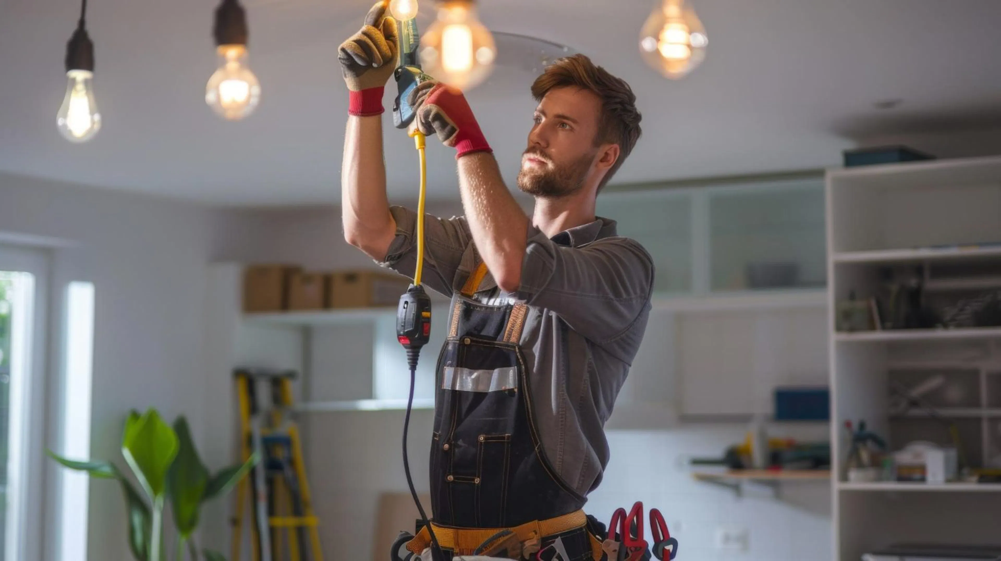 Electrician on a ladder fitting pendant lights in a home