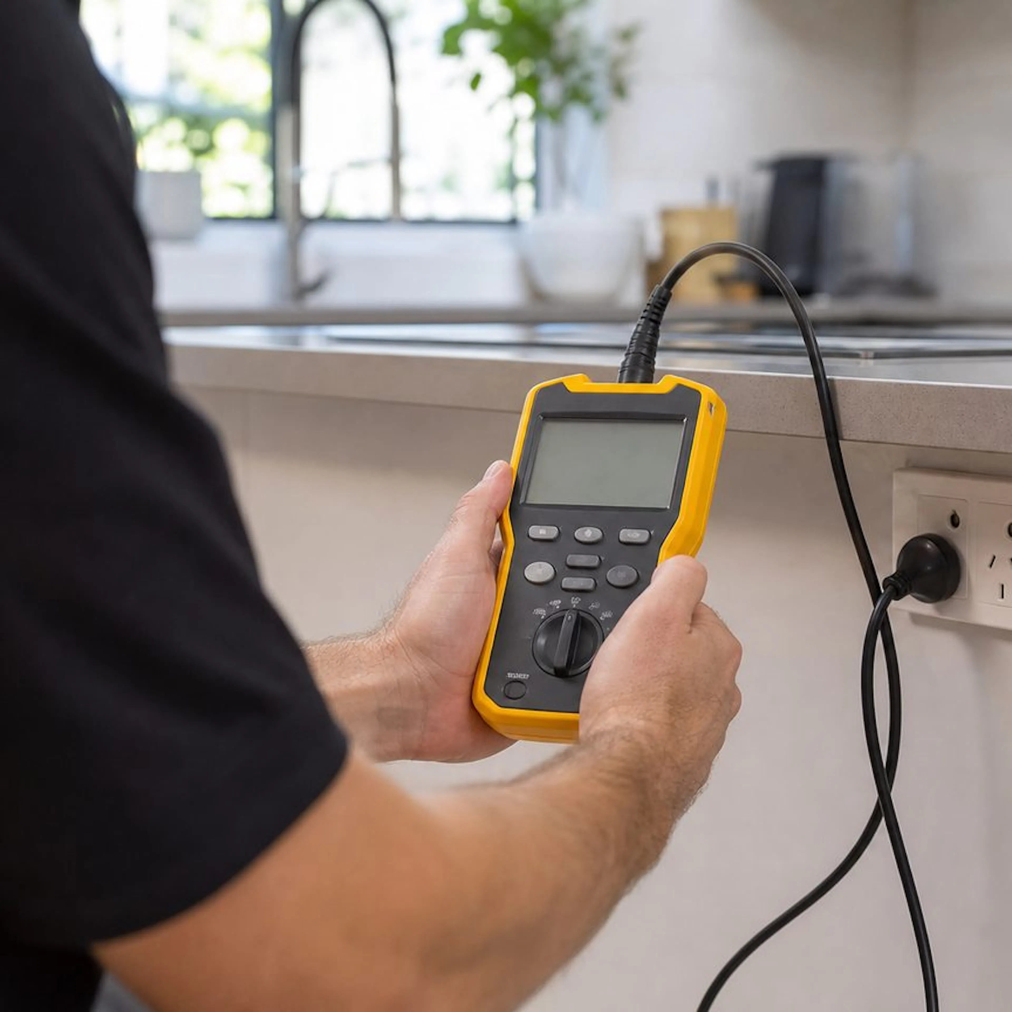 Electrician testing a safety switch with a tester
